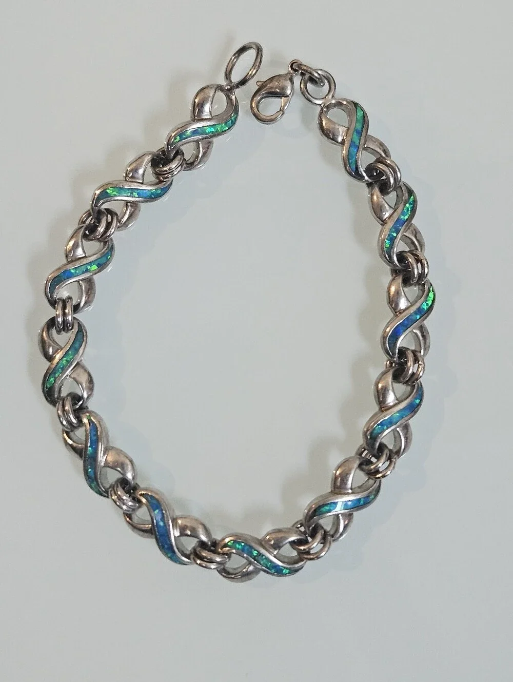 Fire Blue Opal Sterling Silver Infinity Link 925 Bracelet 7